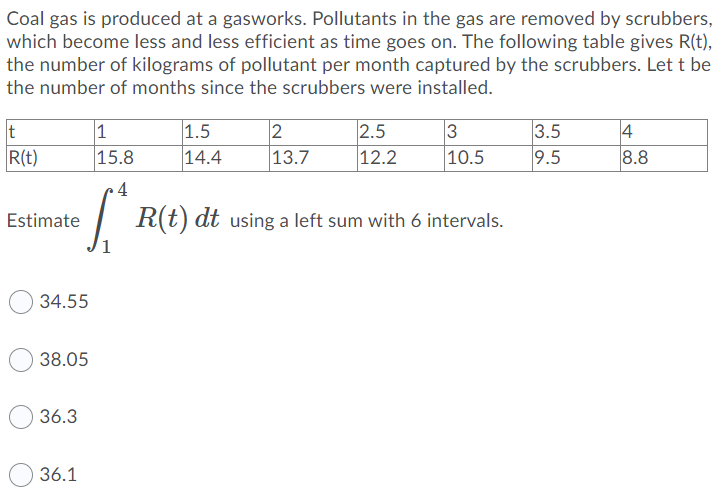 Coal gas is produced at a gasworks. Pollutants in the gas are removed by scrubbers,
which become less and less efficient as time goes on. The following table gives R(t),
the number of kilograms of pollutant per month captured by the scrubbers. Let t be
the number of months since the scrubbers were installed.
1
15.8
1.5
14.4
2
13.7
2.5
12.2
3.5
9.5
4
3
10.5
R(t)
8.8
4
Estimate
| R(t) dt using a left sum with 6 intervals.
34.55
38.05
36.3
36.1
