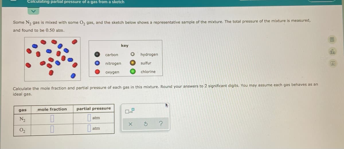 Calculating partial pressure of a gas from a sketch
Some N, gas is mixed with some O, gas, and the sketch below shows a representative sample of the mixture. The total pressure of the mixture is measured,
and found to be 0.50 atm.
key
carbon
hydrogen
nitrogen
sulfur
oxygen
chlorine
Calculate the mole fraction and partial pressure of each gas in this mixture. Round your answers to 2 significant digits. You may assume each gas behaves as an
ideal gas.
gas
mole fraction
partial pressure
atm
N2
atm
O2
