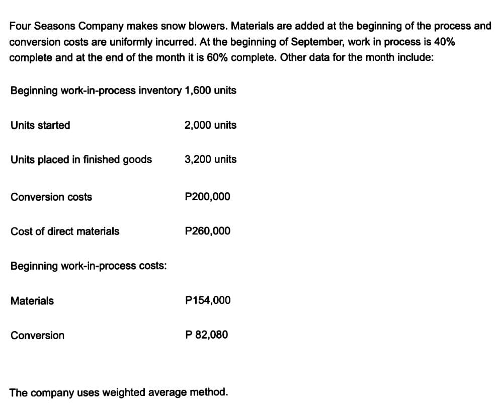 Four Seasons Company makes snow blowers. Materials are added at the beginning of the process and
conversion costs are uniformly incurred. At the beginning of September, work in process is 40%
complete and at the end of the month it is 60% complete. Other data for the month include:
Beginning work-in-process inventory 1,600 units
Units started
Units placed in finished goods
Conversion costs
Cost of direct materials
Beginning work-in-process costs:
Materials
Conversion
2,000 units
3,200 units
P200,000
P260,000
P154,000
P 82,080
The company uses weighted average method.