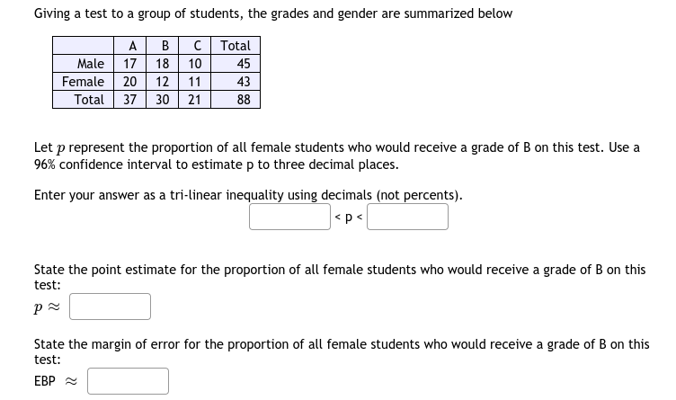 Giving a test to a group of students, the grades and gender are summarized below
A
B
C Total
Male
17
18
10
45
Female
20
12
11
43
Total 37
30 21
88
Let p represent the proportion of all female students who would receive a grade of B on this test. Use a
96% confidence interval to estimate p to three decimal places.
Enter your answer as a tri-linear inequality using decimals (not percents).
<p<
State the point estimate for the proportion of all female students who would receive a grade of B on this
test:
State the margin of error for the proportion of all female students who would receive a grade of B on this
test:
EBP 2
