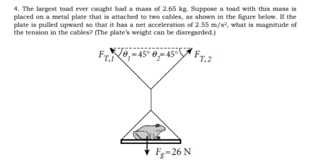 4. The largest toad ever caught had a mass of 2.65 kg. Suppose a toad with this mass is
placed on a metal plate that is attached to two cables, as shown in the figure below. If the
plate is pulled upward so that it has a net acceleration of 2.55 m/s², what is magnitude of
the tension in the cables? (The plate's weight can be disregarded.)
FrNe, =45° 0,=45°
FT.1
F,2
F=26 N
