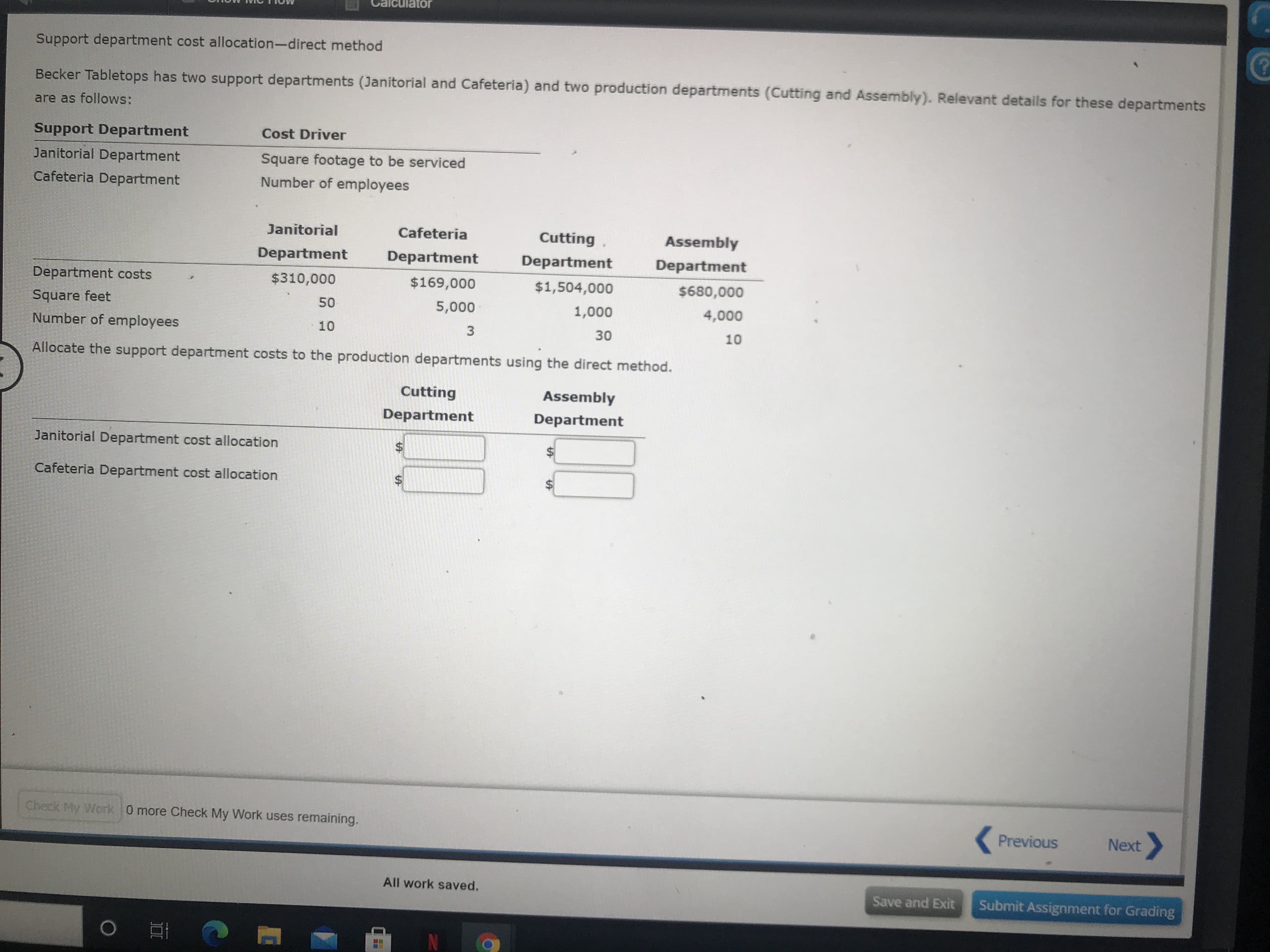 Allocate the support department costs to the production departments using the direct method.
