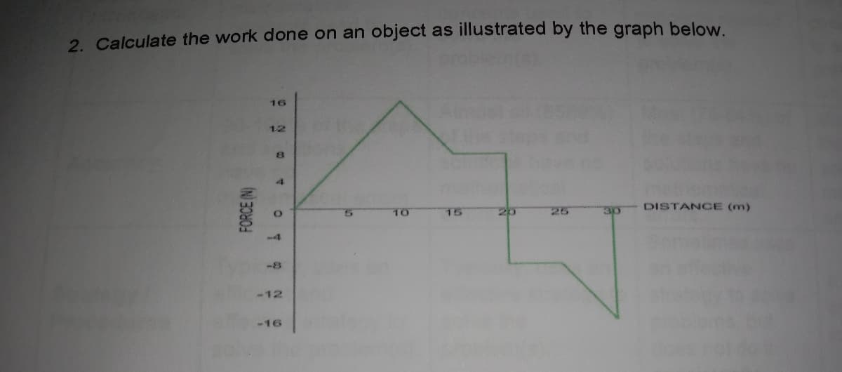 2. Calculate the work done on an object as illustrated by the graph below
16
12
DISTANCE (m)
10
15
20
25
30
4
-8
-12
-16
FORCE (N)
