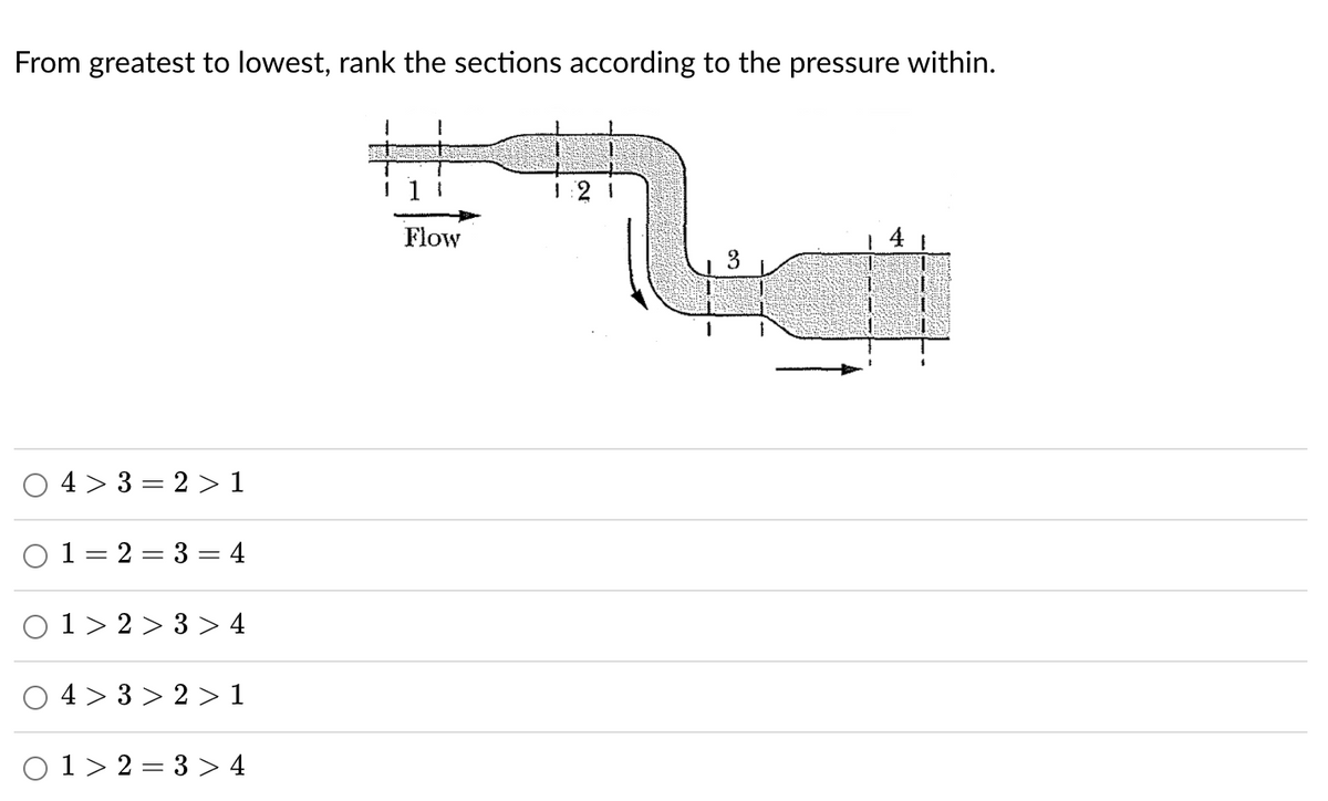 From greatest to lowest, rank the sections according to the pressure within.
KA Berpay
1
1 1 1
1:21
4>3=2>1
1 2 3 4
01>2>3 > 4
4>3>2>1
01>2=3> 4
O
O
Flow