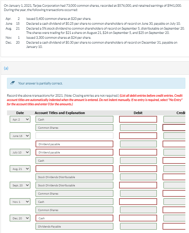 On January 1, 2021, Tarjee Corporation had 73,000 common shares, recorded at $576,000, and retained earnings of $941,000.
During the year, the following transactions occurred:
Apr. 2
June 15
Aug 21
Nov. 1
Dec. 20
(a)
Your answer is partially correct.
Date
Record the above transactions for 2021. (Note: Closing entries are not required.) (List all debit entries before credit entries. Credit
account titles are automatically indented when the amount is entered. Do not indent manually. If no entry is required, select "No Entry"
for the account titles and enter o for the amounts.)
Apr. 2
June 15
July 10
Aug. 21
Sept. 20
Issued 5,400 common shares at $20 per share.
Declared a cash dividend of $0.25 per share to common shareholders of record on June 30, payable on July 10.
Declared a 5% stock dividend to common shareholders of record on September 5, distributable on September 20.
The shares were trading for $21 a share on August 21, $24 on September 5, and $25 on September 20.
Issued 3,300 common shares at $24 per share.
Nov. 1
Declared a cash dividend of $0.30 per share to common shareholders of record on December 31, payable on
January 10.
Dec. 20
Account Titles and Explanation
Cash
Common Shares
Dividend payable
Dividend payable
Cash
Stock Dividends Distributable
Stock Dividends Distributable
Common Shares
Cash
Common Shares
Cash
Dividends Payable
Debit
Credi