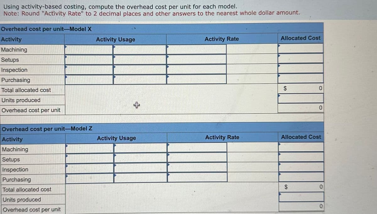 Using activity-based costing, compute the overhead cost per unit for each model.
Note: Round "Activity Rate" to 2 decimal places and other answers to the nearest whole dollar amount.
Overhead cost per unit-Model X
Activity
Activity Usage
Machining
Setups
Inspection
Purchasing
Total allocated cost
Units produced
+
Activity Rate
Allocated Cost
$
EA
Overhead cost per unit
0
Overhead cost per unit-Model Z
Activity
Activity Usage
Activity Rate
Allocated Cost
Machining
Setups
Inspection
Purchasing
Total allocated cost
Units produced
Overhead cost per unit
$
SA
0
0
0