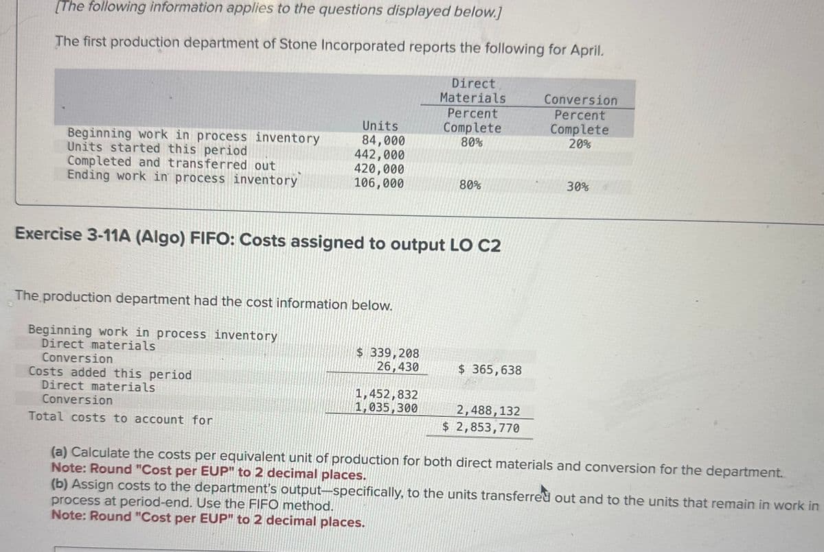 [The following information applies to the questions displayed below.]
The first production department of Stone Incorporated reports the following for April.
Direct
Materials
Conversion
Percent
Units
Beginning work in process inventory
84,000
Complete
80%
Percent
Complete
20%
Units started this period
442,000
Completed and transferred out
420,000
Ending work in process inventory
106,000
80%
30%
Exercise 3-11A (Algo) FIFO: Costs assigned to output LO C2
The production department had the cost information below.
Beginning work in process inventory
Direct materials
Conversion
Costs added this period
Direct materials
Conversion
Total costs to account for
$ 339,208
26,430
$ 365,638
1,452,832
1,035,300
2,488,132
$ 2,853,770
(a) Calculate the costs per equivalent unit of production for both direct materials and conversion for the department.
Note: Round "Cost per EUP" to 2 decimal places.
(b) Assign costs to the department's output-specifically, to the units transferred out and to the units that remain in work in
process at period-end. Use the FIFO method.
Note: Round "Cost per EUP" to 2 decimal places.