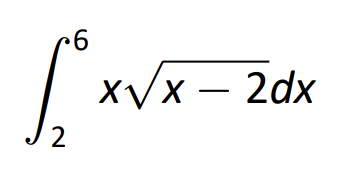 The image shows a definite integral written in mathematical notation. The expression is as follows:

\[
\int_{2}^{6} x \sqrt{x} - 2 \, dx
\]

This represents the integral of the function \( x \sqrt{x} - 2 \) with respect to \( x \), evaluated from the lower limit of 2 to the upper limit of 6. 

- The notation \(\int\) is the integral sign.
- The expression \( x \sqrt{x} - 2 \) is the integrand, the function to be integrated.
- The \( dx \) indicates that the integration is with respect to the variable \( x \).
- The limits of integration are from \( x = 2 \) to \( x = 6 \).