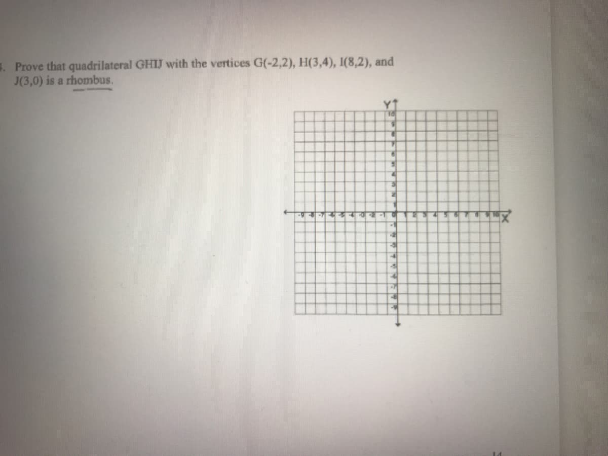 . Prove that quadrilateral GHIJ with the vertices G(-2,2), H(3,4), 1(8,2), and
J(3,0) is a rhombus.
Y1
10
