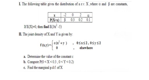 I. The following table gives the distribution of a r.v. X ,where a and B are constants,
202 a
P(X=x) B 03 0.2 0.1
IFECX)-0, then find E(3x"-5)
II. The joint density of X and Y is given by:
+y) , Osxs2,0sys?
, elsewhere
a. Determine the value of the constant e
b. Compute P(0 <X<03,0<Y<02)
c. Find the marginal p.df of X
