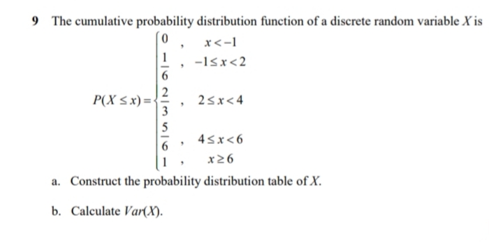 9 The cumulative probability distribution function of a discrete random variable X is
x<-1
1
-15x<2
P(X <x) =
3
25x< 4
5
4sx<6
x26
a. Construct the probability distribution table of X.
b. Calculate Var(X).
