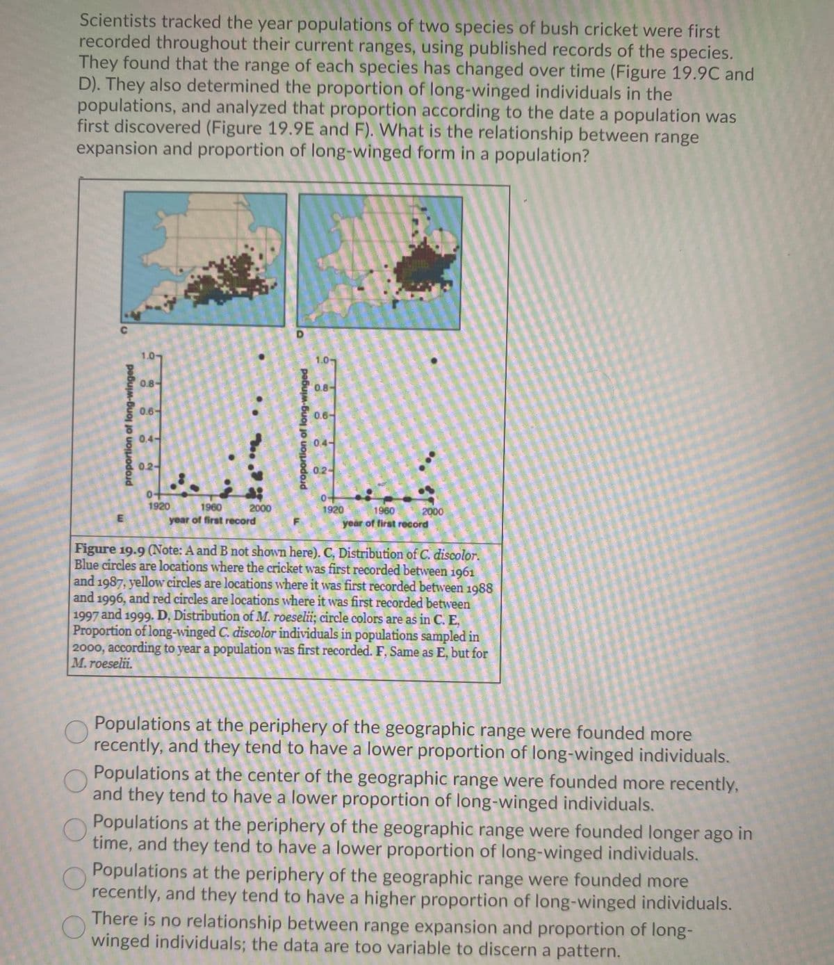 Scientists tracked the year populations of two species of bush cricket were first
recorded throughout their current ranges, using published records of the species.
They found that the range of each species has changed over time (Figure 19.9C and
D). They also determined the proportion of long-winged individuals in the
populations, and analyzed that proportion according to the date a population was
first discovered (Figure 19.9E and F). What is the relationship between range
expansion and proportion of long-winged form in a population?
C.
1.0-
1.0
0.8-
2 0.8-
0.6-
0.6-
0.4-
0.4-
0.2-
0.2
0-
1920
year of first record
0+
1960
2000
1920
1960
2000
year of first record
Figure 19.9 (Note: A and B not shown here). C, Distribution of C. discolor.
Blue circles are locations where the cricket was first recorded between 1961
and 1987, yellow circles are locations where it was first recorded between 1988
and 1996, and red circles are locations where it was first recorded between
1997 and 1999. D, Distribution of M. roeselii; circle colors are as in C. E,
Proportion of long-winged C. discolor individuals in populations sampled in
2000, according to year a population was first recorded. F, Same as E, but for
M. roeselii.
Populations at the periphery of the geographic range were founded more
recently, and they tend to have a lower proportion of long-winged individuals.
Populations at the center of the geographic range were founded more recently,
and they tend to have a lower proportion of long-winged individuals.
Populations at the periphery of the geographic range were founded longer ago in
time, and they tend to have a lower proportion of long-winged individuals.
Populations at the periphery of the geographic range were founded more
recently, and they tend to have a higher proportion of long-winged individuals.
There is no relationship between range expansion and proportion of long-
winged individuals; the data are too variable to discern a pattern.
E.
proportion of long-winged
proportion of long-winged
