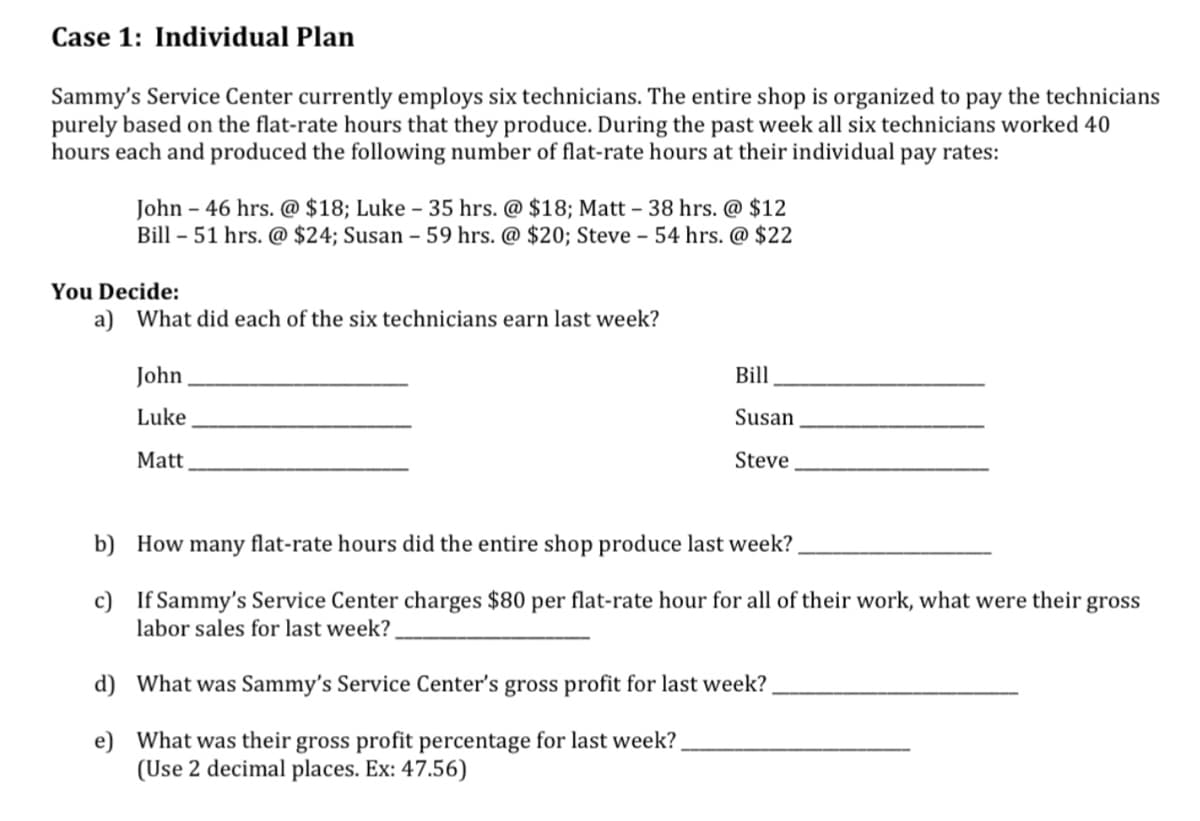 Case 1: Individual Plan
Sammy's Service Center currently employs six technicians. The entire shop is organized to pay the technicians
purely based on the flat-rate hours that they produce. During the past week all six technicians worked 40
hours each and produced the following number of flat-rate hours at their individual pay rates:
John - 46 hrs. @ $18; Luke - 35 hrs. @ $18; Matt - 38 hrs. @ $12
Bill - 51 hrs. @ $24; Susan - 59 hrs. @ $20; Steve - 54 hrs. @ $22
You Decide:
a) What did each of the six technicians earn last week?
John
Luke
Matt
Bill
Susan
Steve
b)
How many flat-rate hours did the entire shop produce last week?
c)
If Sammy's Service Center charges $80 per flat-rate hour for all of their work, what were their gross
labor sales for last week?
d) What was Sammy's Service Center's gross profit for last week?
e) What was their gross profit percentage for last week?
(Use 2 decimal places. Ex: 47.56)