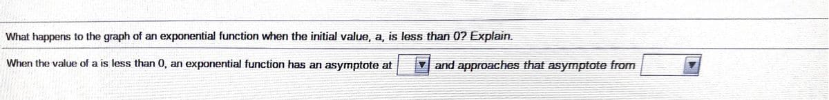 What happens to the graph of an exponential function when the initial value, a, is less than 0? Explain.
When the value of a is less than 0, an exponential function has an asymptote at
vand approaches that asymptote from
