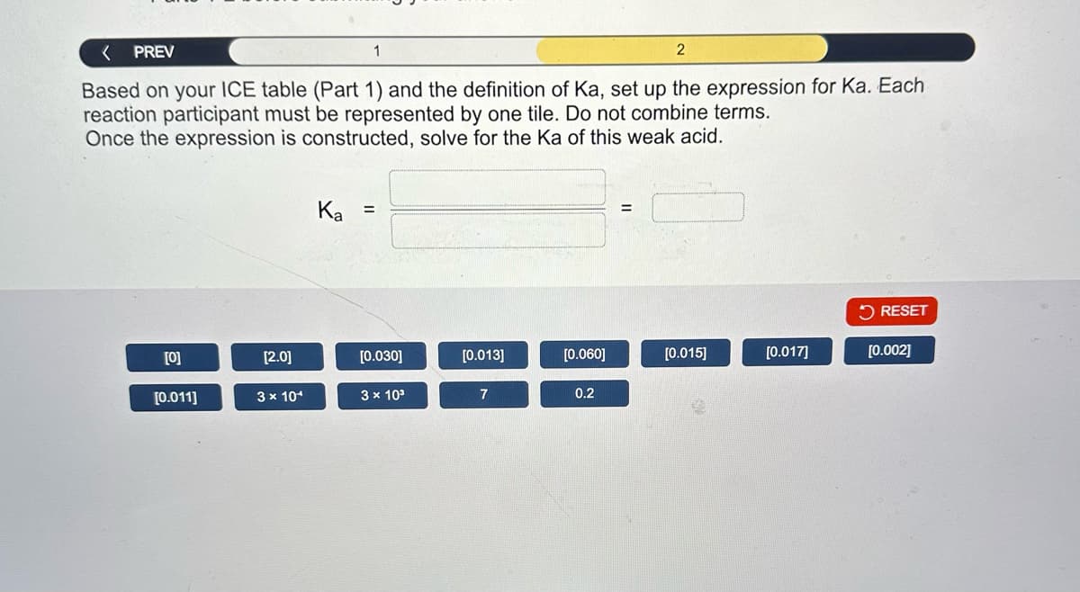 < PREV
1
2
Based on your ICE table (Part 1) and the definition of Ka, set up the expression for Ka. Each
reaction participant must be represented by one tile. Do not combine terms.
Once the expression is constructed, solve for the Ka of this weak acid.
[0]
[0.011]
[2.0]
3 x 10*
Ka
=
[0.030]
3 x 10³
[0.013]
7
[0.060]
0.2
=
[0.015]
[0.017]
RESET
[0.002]