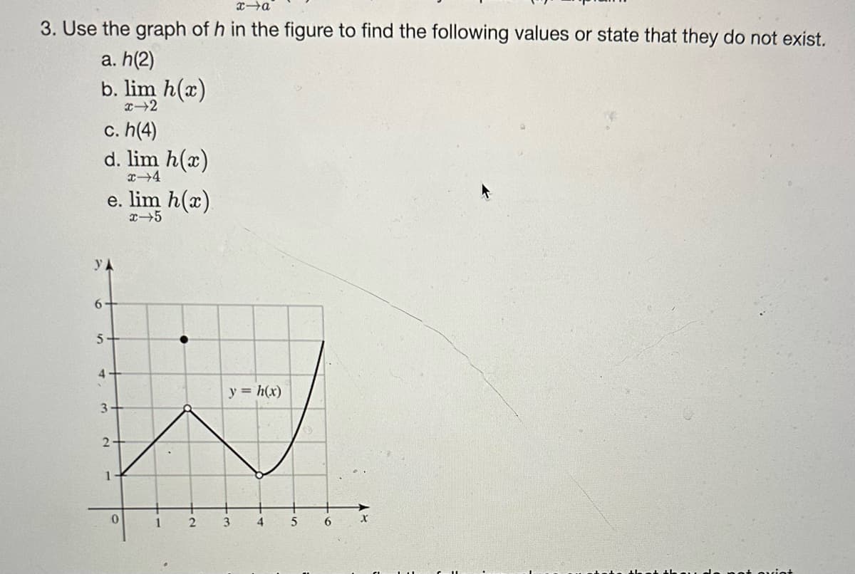 x-a
3. Use the graph of h in the figure to find the following values or state that they do not exist.
a.h(2)
b. lim h(x)
x-2
c.h(4)
d. lim h(x)
x-4
y
6
5
4
e. lim h(x)
x-5
3
2
0
1
2
y = h(x)
3
4
5
6
X
+ aviot