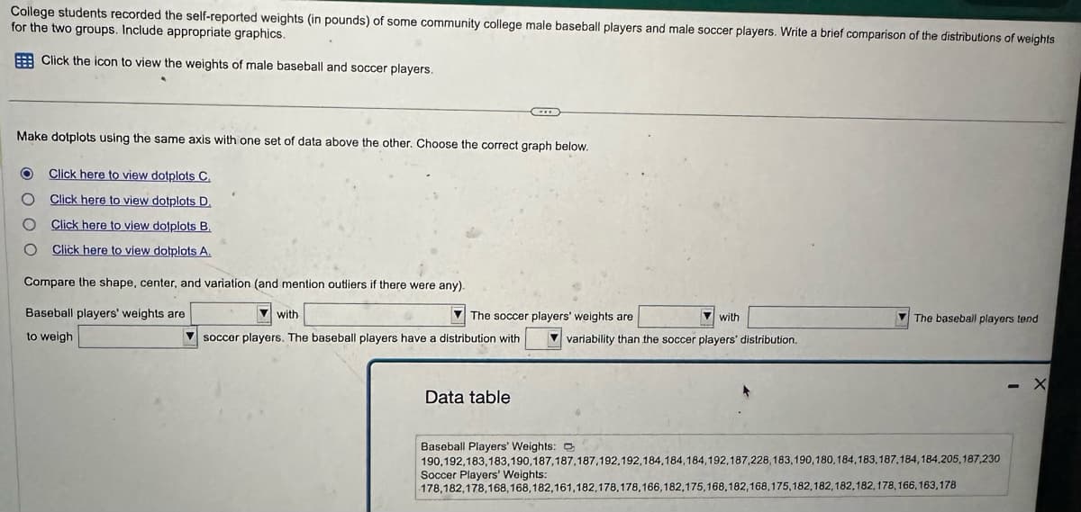 College students recorded the self-reported weights (in pounds) of some community college male baseball players and male soccer players. Write a brief comparison of the distributions of weights
for the two groups. Include appropriate graphics.
Click the icon to view the weights of male baseball and soccer players.
Make dotplots using the same axis with one set of data above the other. Choose the correct graph below.
Click here to view dotplots C
Click here to view dotplots D.
Click here to view dofplots B.
O Click here to view dotplats A
Compare the shape, center, and variation (and mention outliers if there were any).
Baseball players' weights are
to weigh
with
The soccer players' weights are
with
The baseball players tend
soccer players. The baseball players have a distribution with
variability than the soccer players' distribution.
Data table
Baseball Players' Weights:
190,192,183,183,190,187,187,187,192,192,184,184,184,192,187,228,183,190,180,184,183,187,184,184,205,187,230
Soccer Players' Weights:
178,182,178,168,168,182,161,182,178,178,166,182,175,168,182,168,175,182, 182, 182, 182, 178, 166, 163, 178