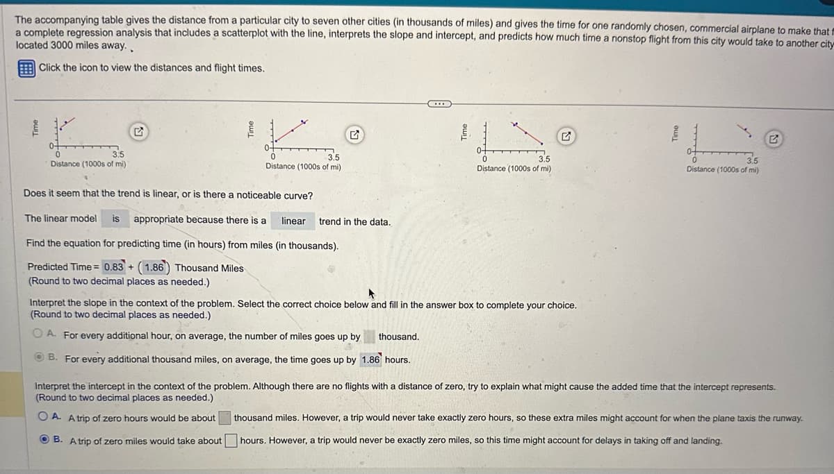The accompanying table gives the distance from a particular city to seven other cities (in thousands of miles) and gives the time for one randomly chosen, commercial airplane to make that m
a complete regression analysis that includes a scatterplot with the line, interprets the slope and intercept, and predicts how much time a nonstop flight from this city would take to another city
located 3000 miles away..
Click the icon to view the distances and flight times.
0
3.5
Distance (1000s of mi)
3.5
Distance (1000s of mi)
Does it seem that the trend is linear, or is there a noticeable curve?
The linear model is appropriate because there is a linear
trend in the data.
0
3.5
Distance (1000s of mi)
0
3.5
Distance (1000s of mi)
Find the equation for predicting time (in hours) from miles (in thousands).
Predicted Time=0.83 + (1.86) Thousand Miles
(Round to two decimal places as needed.)
Interpret the slope in the context of the problem. Select the correct choice below and fill in the answer box to complete your choice.
(Round to two decimal places as needed.)
OA. For every additional hour, on average, the number of miles goes up by thousand.
B. For every additional thousand miles, on average, the time goes up by 1.86 hours.
Interpret the intercept in the context of the problem. Although there are no flights with a distance of zero, try to explain what might cause the added time that the intercept represents.
(Round to two decimal places as needed.)
OA. A trip of zero hours would be about
B. A trip of zero miles would take about
thousand miles. However, a trip would never take exactly zero hours, so these extra miles might account for when the plane taxis the runway.
hours. However, a trip would never be exactly zero miles, so this time might account for delays in taking off and landing.