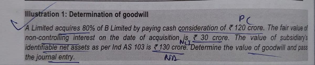 Illustration 1: Determination of goodwill
PC
A Limited acquires 80% of B Limited by paying cash consideration of 120 crore. The fair value of
non-controlling interest on the date of acquisition is 30 crore. The value of subsidiary's
NCL
identifiable net assets as per Ind AS 103 is 130 crore. Determine the value of goodwill and pass
the journal entry.
NA