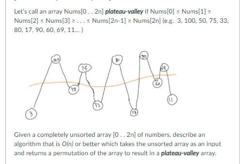 Let's call an array Nums[0.. 2n] plateau-valley if Nums[0] s Nums[1] 2
Nums[2] s Nums[3] 2...s Nums[2n-1] 2 Nums[2n] (e.g. 3, 100, 50, 75, 33,
80, 17, 90, 60, 69, 11.)
75.
Given a completely unsorted array [0.. 2n] of numbers, describe an
algorithm that is O(n) or better which takes the unsorted array as an input
and returns a permutation of the array to result in a plateau-valley array.
