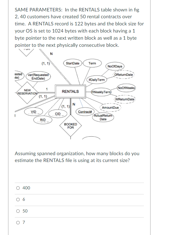 SAME PARAMETERS: In the RENTALS table shown in fig
2, 40 customers have created 50 rental contracts over
time. A RENTALS record is 122 bytes and the block size for
your OS is set to 1024 bytes with each block having a 1
byte pointer to the next written block as well as a 1 byte
pointer to the next physically consecutive block.
N
(1, 1)
StartDate
Term
NoOfDays
ested
ite)
var(Requested
EndDate)
DReturnDate
IfDailyTerm
NoOWeeks
NEW
RESERVATION
RENTALS
rweeklyTerm
(1, 1)
WReturnDate
(1, 1)
AmountDue
Contractt
VID
CID
ActualReturn
RID
Date
ВOOKED
FOR
Assuming spanned organization, how many blocks do you
estimate the RENTALS file is using at its current size?
400
O 50
O 7
