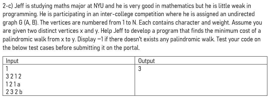 2-c) Jeff is studying maths major at NYU and he is very good in mathematics but he is little weak in
programming. He is participating in an inter-college competition where he is assigned an undirected
graph G (A, B). The vertices are numbered from 1 to N. Each contains character and weight. Assume you
are given two distinct vertices x and y. Help Jeff to develop a program that finds the minimum cost of a
palindromic walk from x to y. Display -1 if there doesn't exists any palindromic walk. Test your code on
the below test cases before submitting it on the portal.
Input
Output
1
3
3212
121a
232 b
