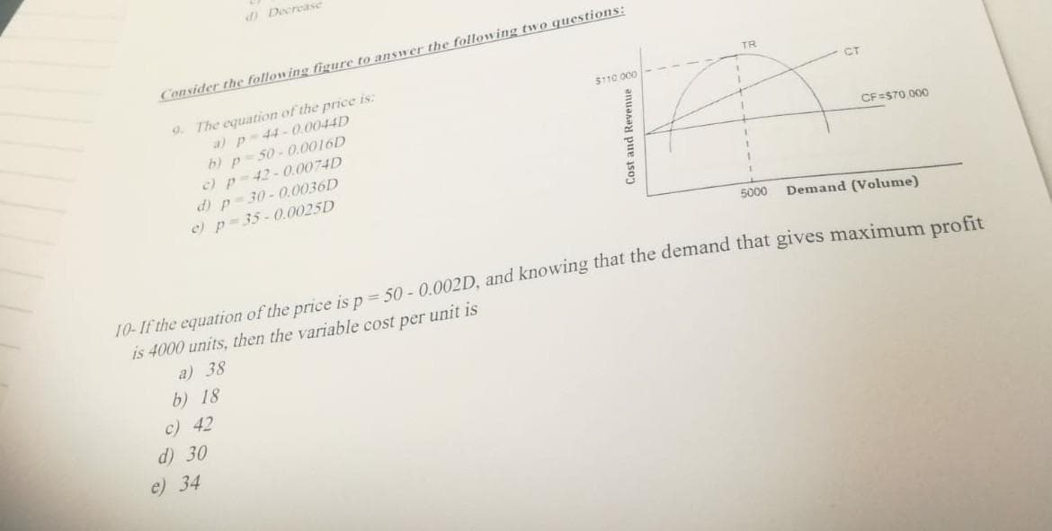 di Decrease
Consider the following figure to answer the following two questions:
9. The equation of the price is:
a) p-44-0.0044D
b) p=50 - 0.0016D
c) p=42-0.0074D
30-0.0036D
TR
$110.000
CT
CF=S70 000
di p
e) p=35- 0.0025D
5000
Demand (Volume)
10-If the equation of the price is p 50- 0.002D, and knowing that the demand that gives maximum pre f4
is 4000 units, then the variable cost per unit is
a) 38
b) 18
c) 42
d) 30
e) 34
Cost and Revenue
