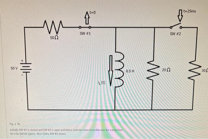 50 V
HIH
M
50.2
t=0
SW #1
IL (t)
m
Fig. 2. RL
Initially SW #1 is closed and SW #2 is open and these switches have been this way for a long time.
At t-05 SW #1 opens. At t-25ms SW # 2 closes.
0.5 H
SW #2
202
t=25ms
w
30