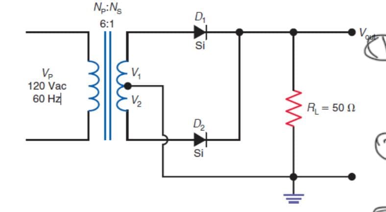 Vp
120 Vac
60 Hz
Np: Ns
6:1
V₂
D₁
Si
D₂
Si
R₁ = 500
V₂