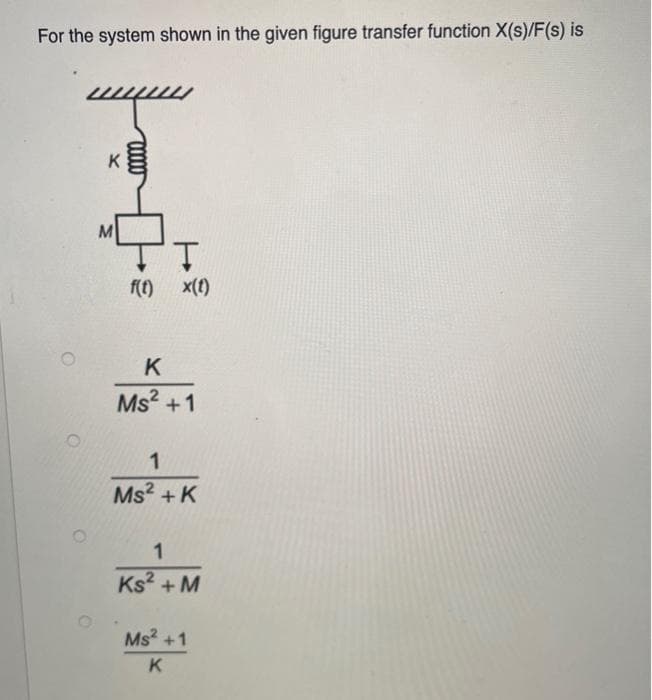 For the system shown in the given figure transfer function X(s)/F(s) is
"QI
f(t) x(t)
K
Ms² +1
1
Ms² + K
1
Ks² + M
Ms² +1
K