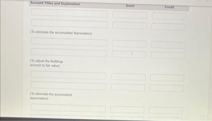 Account Titles and Explanation
(To eliminate the accumulated depreciation)
(To adjust the Buildings
account to fair value)
(To eliminate the accumulated
depreciation)
Debit
Credit
100 401
10:00