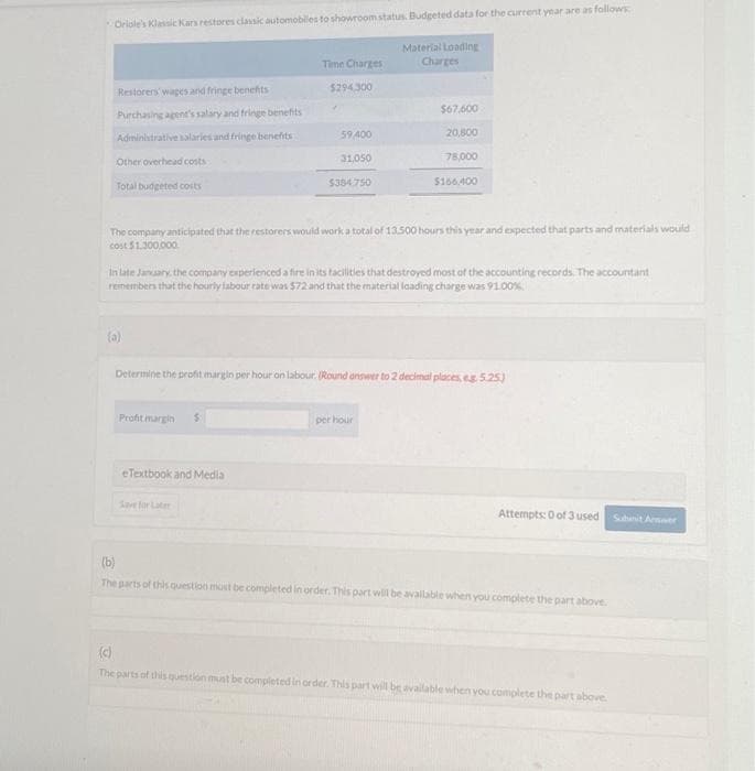Oriole's Klassic Kars restores classic automobiles to showroom status. Budgeted data for the current year are as follows
Material Loading
Charges
Restorers' wages and fringe benefits
Purchasing agent's salary and fringe benefits
Administrative salaries and fringe benents
Other overhead costs
Total budgeted costs
Time Charges
Profit margin $
$294,300
eTextbook and Media
59,400
Save for Later
31,050
The company anticipated that the restorers would work a total of 13.500 hours this year and expected that parts and materials would
cost $1.300,000
$384.750
In late January, the company experienced a fire in its facilities that destroyed most of the accounting records. The accountant
remembers that the hourly labour rate was $72 and that the material loading charge was 91.00%
Determine the profit margin per hour on labour. (Round answer to 2 decimal places, eg 5.25)
$67,600
20,800
78,000
$166,400
per hour
Attempts: 0 of 3 used
(b)
The parts of this question must be completed in order. This part will be available when you complete the part above.
(c)
The parts of this question must be completed in order. This part will be available when you complete the part above.
Subunit Answer