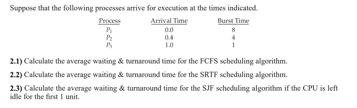 Suppose that the following processes arrive for execution at the times indicated.
Process
Arrival Time
Burst Time
P1
P2
P3
0.0
8
0.4
4
1.0
1
2.1) Calculate the average waiting & turnaround time for the FCFS scheduling algorithm.
2.2) Calculate the average waiting & turnaround time for the SRTF scheduling algorithm.
2.3) Calculate the average waiting & turnaround time for the SJF scheduling algorithm if the CPU is left
idle for the first 1 unit.
