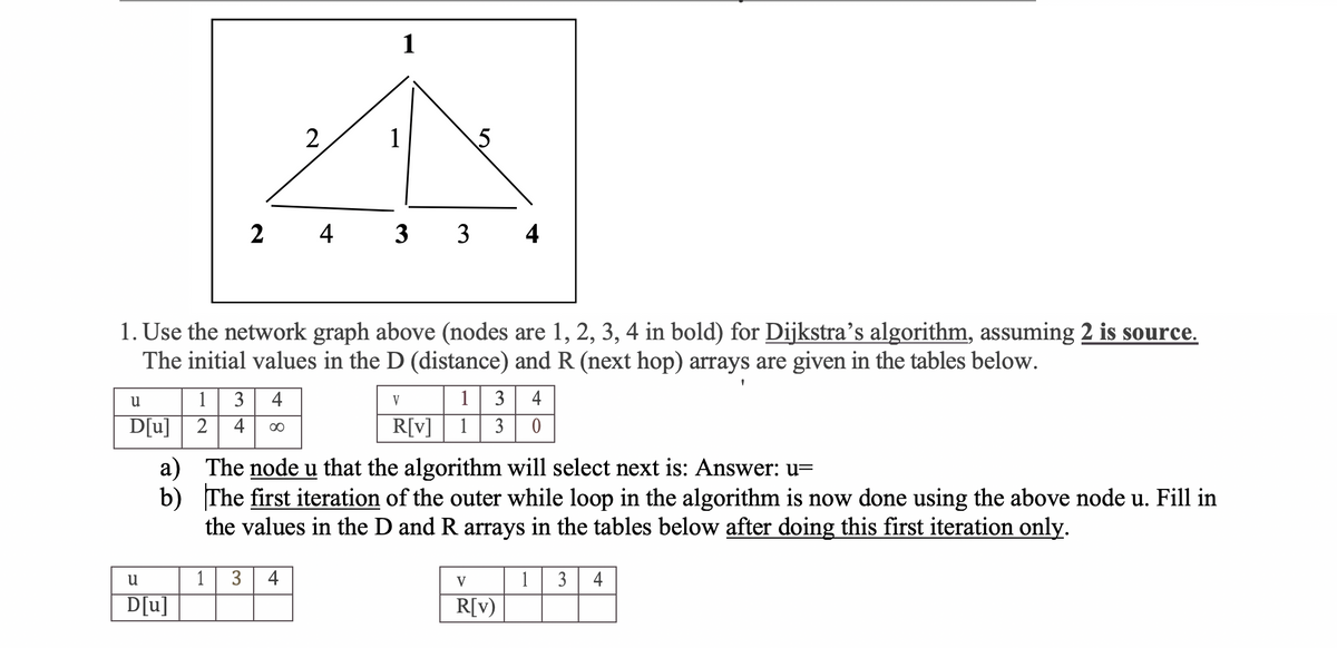 1
2
2
4 3 3 4
1. Use the network graph above (nodes are 1, 2, 3, 4 in bold) for Dijkstra’s algorithm, assuming 2 is source.
The initial values in the D (distance) and R (next hop) arrays are given in the tables below.
1
3
4
1 3
4
u
V
D[u] | 2
4
R[v]
3
00
a) The node u that the algorithm will select next is: Answer: u=
b) The first iteration of the outer while loop in the algorithm is now done using the above node u. Fill in
the values in the D and R arrays in the tables below after doing this first iteration only.
1
3
4
V
1
3
4
D[u]
R[v)
