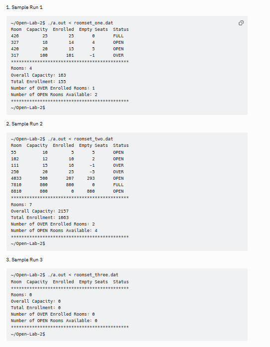 1. Sample Run 1
~/Open-Lab-2$ ./a.out roomset_one.dat
Room Capacity Enrolled Empty Seats
420
327
420
317
***********
25
18
20
100
~/Open-Lab-2$
2. Sample Run 2
******
Rooms: 4
Overall Capacity: 103
Total Enrollment: 155
Number of OVER Enrolled Rooms: 1
Number of OPEN Rooms Available: 2
10
12
15
20
500
800
800
25
14
15
101
*************
~/Open-Lab-2$
3. Sample Run 3
0
4
~/Open-Lab-2$ ./a.out roomset_two.dat
Room Capacity Enrolled Empty Seats
55
102
111
250
4033
7810
8810
3
-1
3
10
10
25
207
800
0
~/Open-Lab-2$
Rooms: 7
Overall Capacity: 2157
Total Enrollment: 100:
Number of OVER Enrolled Rooms: 2
Number of OPEN Rooms Available: 4
5
2
-1
-5
293
0
800
Status
FULL
OPEN
OPEN
OVER
Status
OPEN
OPEN
OVER
OVER
OPEN
FULL
OPEN
*******
**********
~/Open-Lab-2$ ./a.out < roomset_three.dat
Room Capacity Enrolled Empty Seats Status
*******
********
Rooms: 0
Overall Capacity: 0
Total Enrollment: 0
Number of OVER Enrolled Rooms: 0
Number of OPEN Rooms Available: 0
**************
*******
G