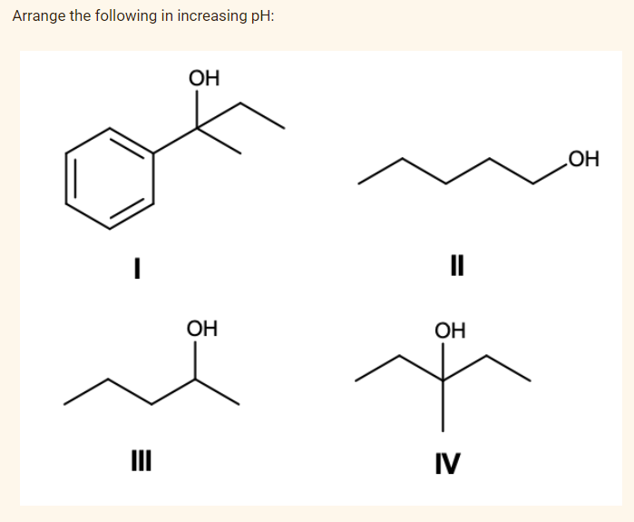 Arrange the following in increasing pH:
ОН
ОН
"
ОН
IV
ОН