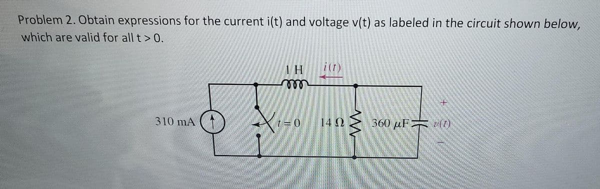 Problem 2. Obtain expressions for the current i(t) and voltage v(t) as labeled in the circuit shown below,
which are valid for all t > 0.
1 H
310 mA
14 2
360 µF
