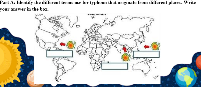 Part A: Identify the different terms use for typhoon that originate from different places. Write
your answer in the box.
