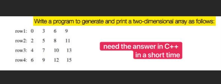 Write a program to generate and print a two-dimensional array as follows:
rowl: 0
6 9
row2: 2
5
11
need the answer in C++
row3: 4
7
10
13
in a short time
row4: 6
12
15
3.
9
