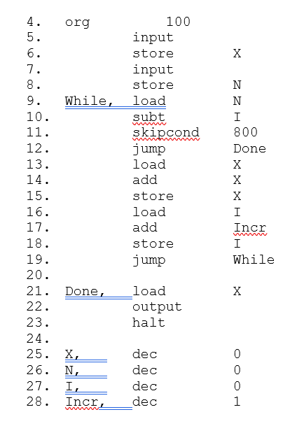 SLO
4.
5.
6.
7.
8.
9.
10.
11.
12.
13.
14.
15.
16.
17.
org
While,
18.
19.
20.
21. Done,
22.
23.
24.
25. X,
26. N,
27. I,
28. Incr,
input
store
100
input
store
load
subt
skipcond
jump
load
add
store
load
add
store
jump
load
output
halt
dec
dec
dec
dec
X
N
Z Z
N
I
800
Done
X
X
XH
X
I
Incr
I
While
X
HOOO
0
1