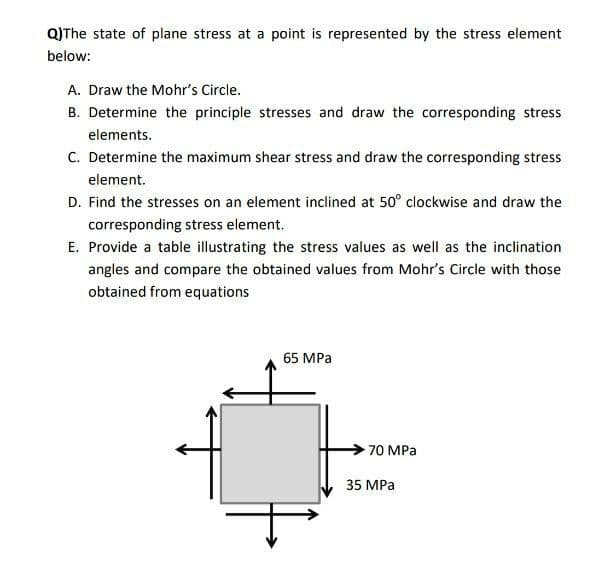 QJThe state of plane stress at a point is represented by the stress element
below:
A. Draw the Mohr's Circle.
B. Determine the principle stresses and draw the corresponding stress
elements.
C. Determine the maximum shear stress and draw the corresponding stress
element.
D. Find the stresses on an element inclined at 50° clockwise and draw the
corresponding stress element.
E. Provide a table illustrating the stress values as well as the inclination
angles and compare the obtained values from Mohr's Circle with those
obtained from equations
65 MPa
70 MPa
35 MPa
