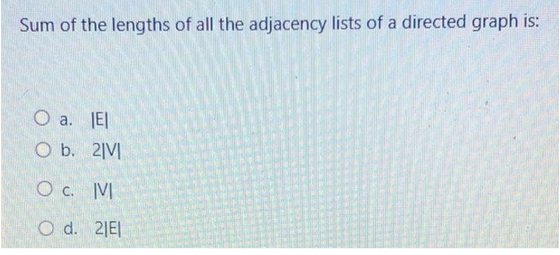 Sum of the lengths of all the adjacency lists of a directed graph is:
O a. IEI
O b. 2|VI
O c. IVI
O d. 21EI