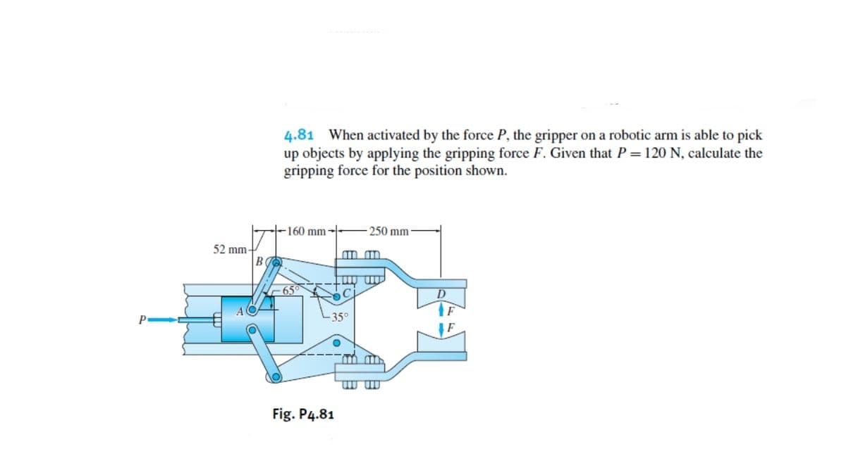 4.81 When activated by the force P, the gripper on a robotic arm is able to pick
up objects by applying the gripping force F. Given that P = 120 N, calculate the
gripping force for the position shown.
160 mm -
250 mm
52 mm-
B
m m.
D
m m.
Fig. P4.81
