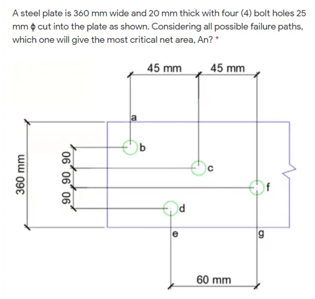 A steel plate is 360 mm wide and 20 mm thick with four (4) bolt holes 25
mm o cut into the plate as shown. Considering all possible failure paths,
which one will give the most critical net area, An? *
45 mm
45 mm
la
g
60 mm
b.
06" 06" 06°
360 mm
