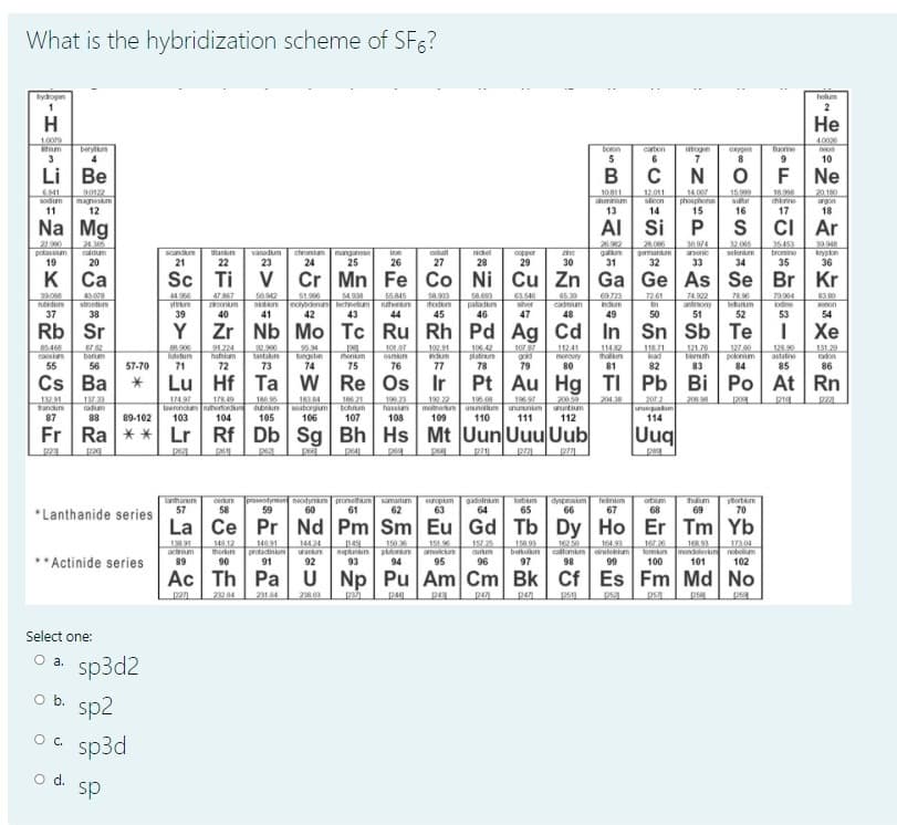 What is the hybridization scheme of SF6?
holum
2
H
Не
40026
1.009
ium
3
beryl
carton
togen
7
ogen
neon
4
5
10
Li
Ве
B
C
F
Ne
90122
magnesam
12
10 811
aluminium
13
12.011
sicon
14
14.007
phosphons
15
15999
sutur
16
20.180
sodum
11
chionine
argon
17
18
Na Mg
AI Si
cI Ar
22.90
polassium
19
32.065
selenium
34
35453
24 M6
caldum
28.0
gemanum
32
39948
krypkn
36
30974
vadum
23
Scandu
ankn
22
manganese
25
chrosiam
cobalt
ridkel
galun
31
oopper
bromine
20
21
24
26
27
28
29
30
33
35
K
Са
Sc Ti
V Cr
Mn Fe Co Ni
Cu Zn Ga Ge As Se Br Kr
39.08
4.078
stontum
38
477
onum
54 938
44966
50.942
51.906
55845
18.933
hoden
45
58.693
65.30
cadmum
48
72 61
74.922
antinony
78.96
beunum
52
7904
odine
53
8380
molybdenu lechnetum
42
43
paladum
46
ruherum
siver
Indum
37
non
54
39
40
41
44
47
49
50
51
Rb Sr
Y Zr
Nb Mo Tc Ru Rh Pd Ag Cd In Sn Sb Te
Хе
85468
casim
55
21224
hanium
101.07
osnin
76
109.91
dum
77
10 42
platiun
78
1078
gold
79
121 76
bam
56
ludeun
71
11241
morury
80
114.82
Than
81
118.71
kad
82
126.90
astatne
85
131.29
don
86
tantakun
73
hungstn
74
mentm
75
poknum
57-70
72
83
Cs
Ва
Lu Hf
Ta W
Re Os Ir
Pt Au Hg TI Pb Bi Po At Rn
13 91
Tandun
87
190 23
hassim
108
190 22
moitnorkn
109
200 59
ununtium
204
208 98
137 33
radium
88
178.49
Lwrencnuhefordu
104
186 21
bohnum
107
196 8
Unum
110
174 9
19697
2012
dubelu
105
soaborgum
106
unuunum
111
89-102
103
ungenbunun
112
114
Fr
Ra ** Lr Rf
Db Sg Bh Hs Mt Uun Uuu Uub
Uuq
pe
lanthanun
57
praseodymum neodymam promethum
59
samarium
europm
63
gadoinam
64
obam
65
dynpsm
66
holnim
67
orbum
68
hm
69
ytertan
70
58
60
61
62
*Lanthanide series
La Ce Pr| Nd Pm Sm Eu Gd Tb Dy Ho Er Tm Yb
140 12
thorun
90
15 25
144.24
uranun
92
16250
callomiun ostenium
98
1503
13891
actnm
89
14091
protactinan
91
1620
Nomu
100
1519
158.93
164.93
168 93
amoicum
95
uruto
berkoiu
97
mondolevun
101
17304
nobolum
102
* Actinide series
93
94
96
99
Ac Th PaU
Np Pu Am Cm Bk Cf Es Fm Md No
2104
Select one:
O a.
sp3d2
Ob.
sp2
OC.
sp3d
od.
sp
