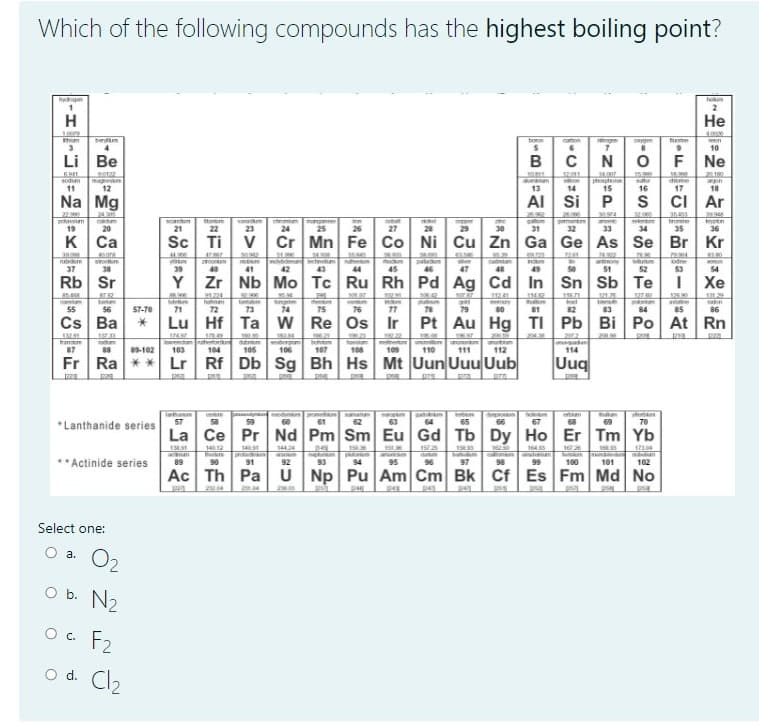 Which of the following compounds has the highest boiling point?
2
H
Не
100
benum
caton
ogem
GRygen
fume
neen
10
Li
Be
F Ne
32011
2190
sodm
magestm
12
11
13
14
15
16
17
18
Na Mg
Al Si
P.
S
cI Ar
22.0
potasm
19
vanm
23
28.0
pemankin
3553
bromine
35
39948
knoon
36
he
20
21
22
24
25
27
28
29
30
31
32
33
34
K
Ca
Sc Ti
V
Cr Mn Fe Co Ni Cu Zn Ga Ge As
Se Br Kr
nubidum
37
ara
Sotun
38
ziroom
40
hocken
45
pakn
46
cadmiam
48
lunm
52
ndm
antinon
51
lodne
39
41
42
43
44
47
49
53
54
Rb
Sr
Y
Zr Nb Mo Tc Ru Rh Pd Ag Cd In Sn Sb
Te
Хе
85.45
12590
114
thalm
81
11571
121.20
131 29
91724
han
1124
ngt
74
hee
75
aste
55
56
57-70
71
72
73
76
77
78
79
80
82
83
84
85
86
Cs
Ва
Lu Hf Ta
W Re Os Ir
Pt Au Hg TI Pb Bi
Po At Rn
130
ranm
174
behe
107
aden
114
87
9-102
103
104
105
106
108
109
110
111
112
Fr
Ra
* Lr Rf Db
Sg Bh Hs Mt Uun Uuu Uub
Uuq
odynaum
60
samanam
62
sa n
64
n
65
holnam
67
etm
57
59
61
63
66
69
70
*Lanthanide series
La Ce Pr
Nd Pm Sm Eu Gd Tb Dy Ho Er Tm Yb
13
1412
14
149
1
15
164
174
1444
PMCUN
** Actinide series
89
90
91
92
93
94
95
96
97
98
99
100
101
102
Ac Th Pa
U Np Pu Am Cm Bk Cf Es Fm Md
No
pan
Select one:
O a.
O2
O b. N2
O . F2
o d. Cl2
