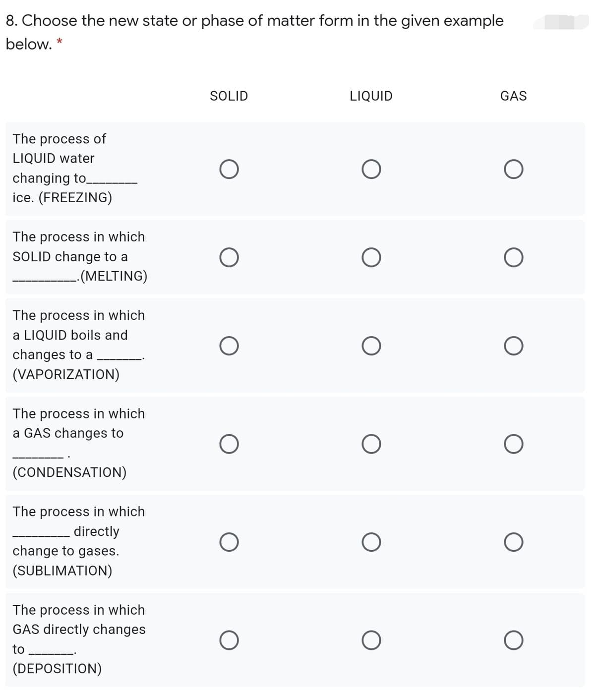 8. Choose the new state or phase of matter form in the given example
below.
SOLID
LIQUID
GAS
The process of
LIQUID water
changing to
ice. (FREEZING)
The process in which
SOLID change to a
--(MELTING)
The process in which
a LIQUID boils and
changes to a
(VAPORIZATION)
The process in which
a GAS changes to
(CONDENSATION)
The process in which
directly
change to gases.
(SUBLIMATION)
The process in which
GAS directly changes
to
(DEPOSITION)
