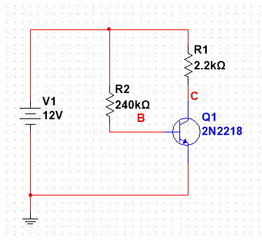 R1
·2.2kΩ
R2
V1
·240㎏Ω
12V
B
Q1
2N2218
