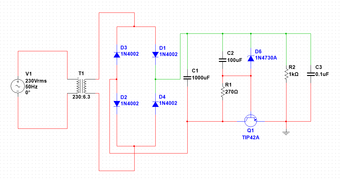 D3
D1
D6
1N4002
1N4002
C2
1N4730A
:100UF
R2
C3
C1
V1
T1
1kQ
E0.1uF
=1000UF
230Vrms
50HZ
0°
R1
2700
230:6.3
D2
D4
71N4002
1N4002
Q1.
TIP42A
