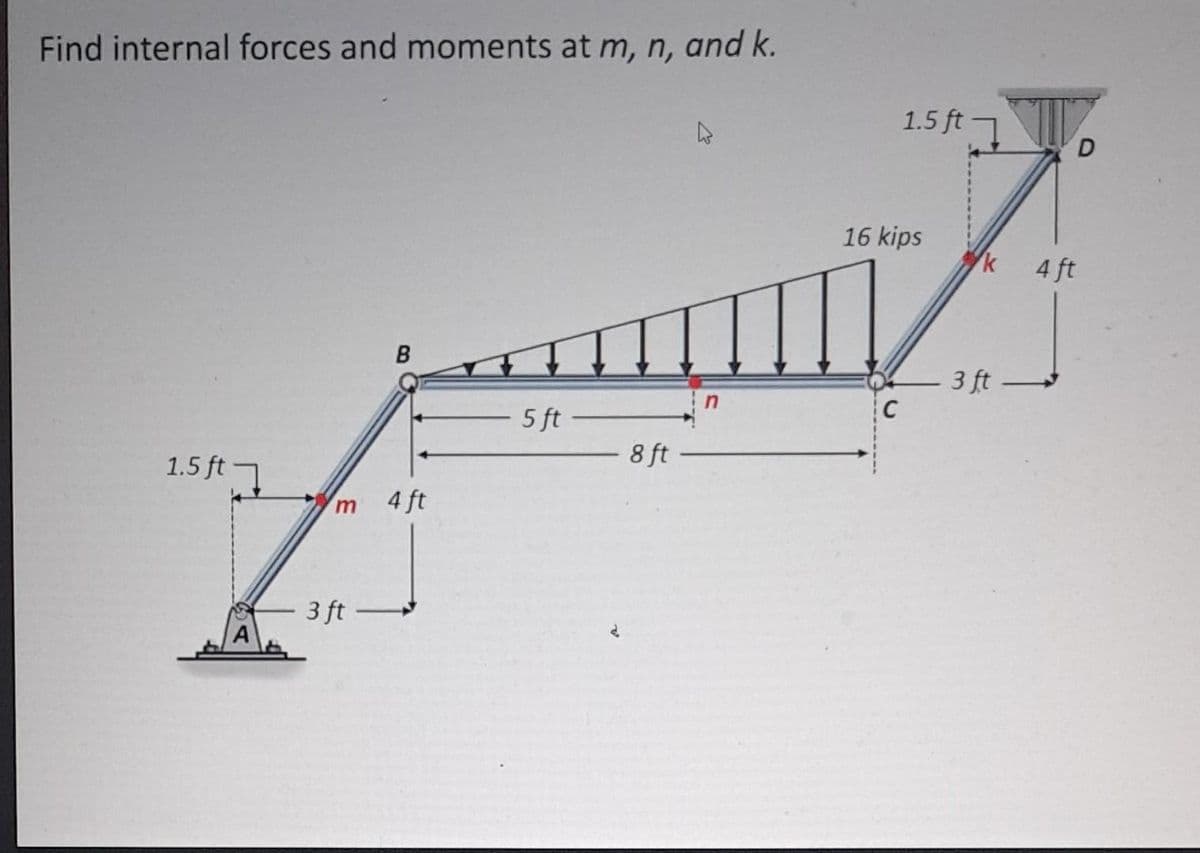 Find internal forces and moments at m, n, and k.
1.5 ft 1
'm
3 ft-
B
4 ft
5 ft
8 ft
1.5 ft 1
16 kips
3 ft
D
4 ft